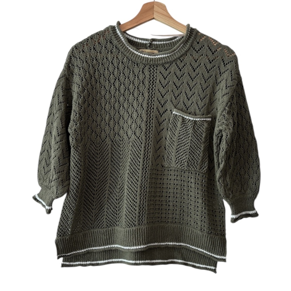 Democracy Pointelle Tipped Sweater - Olive Green Size S - Picture 2 of 11